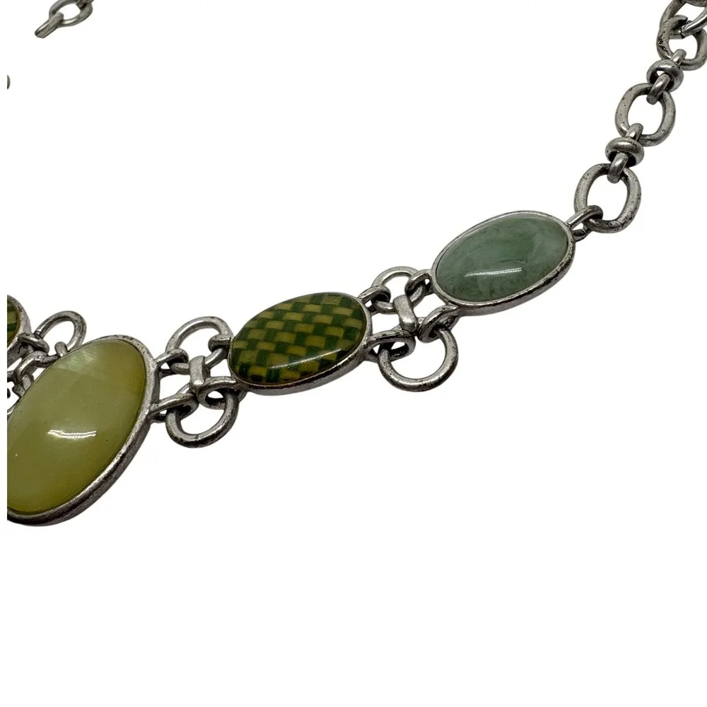 Liz Claiborne Silver‎ Tone Statement Necklace Green Stone Oval Pendant Bib Style